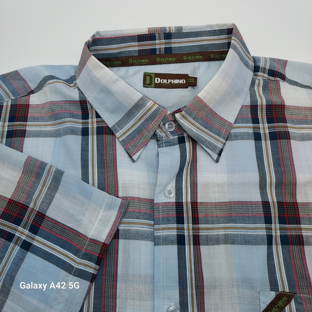 Dolphino Collection Mens XXL Plaid Button Up Shirt Short Sleeve Light Blue Red